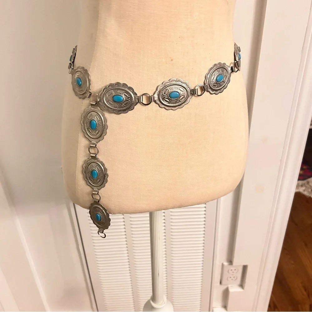 Silver and faux Turquoise Concho adjustable Belt